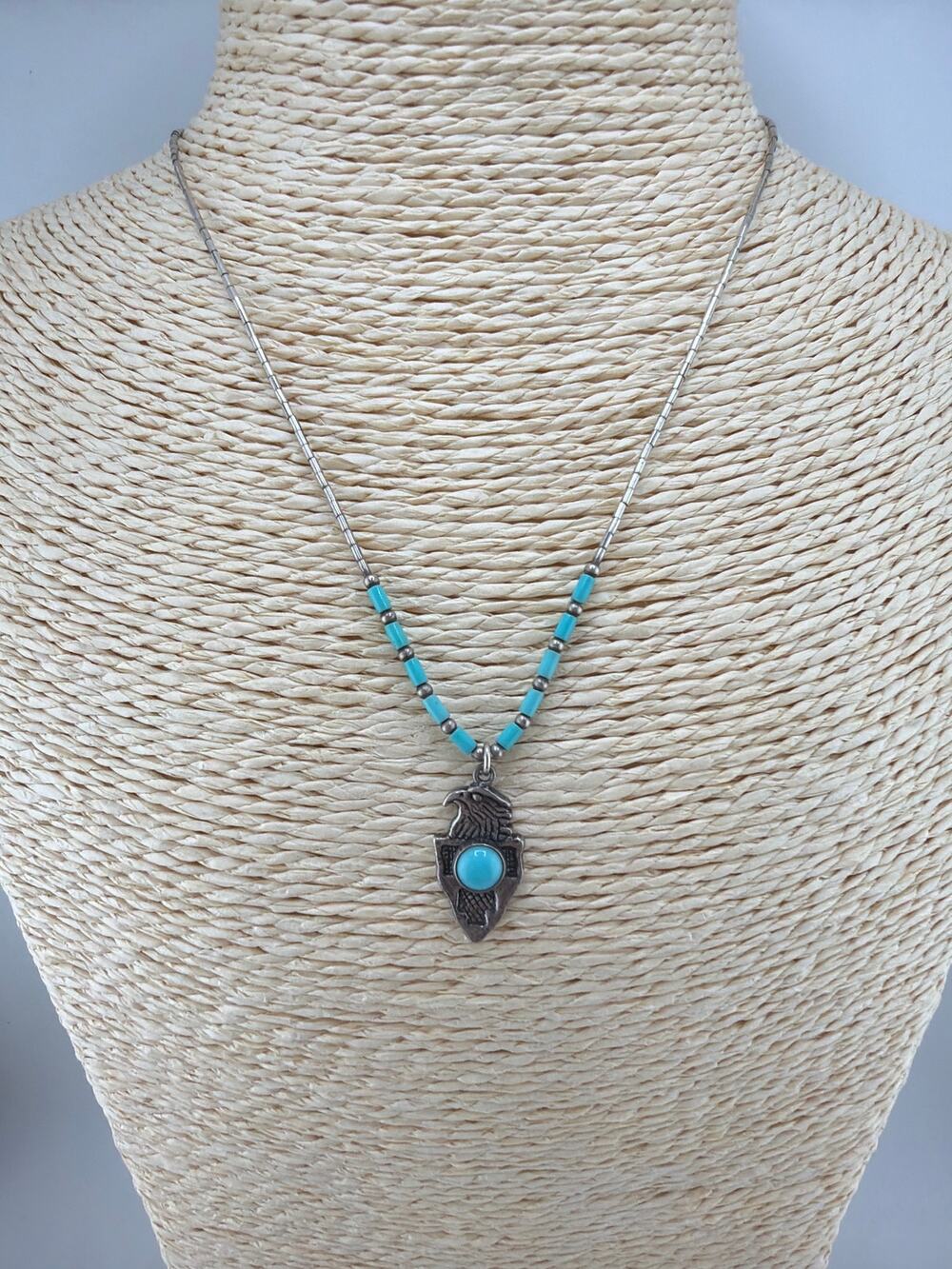 Vintage Southwestern Style Sterling Silver Eagle Shield Turquoise Necklace